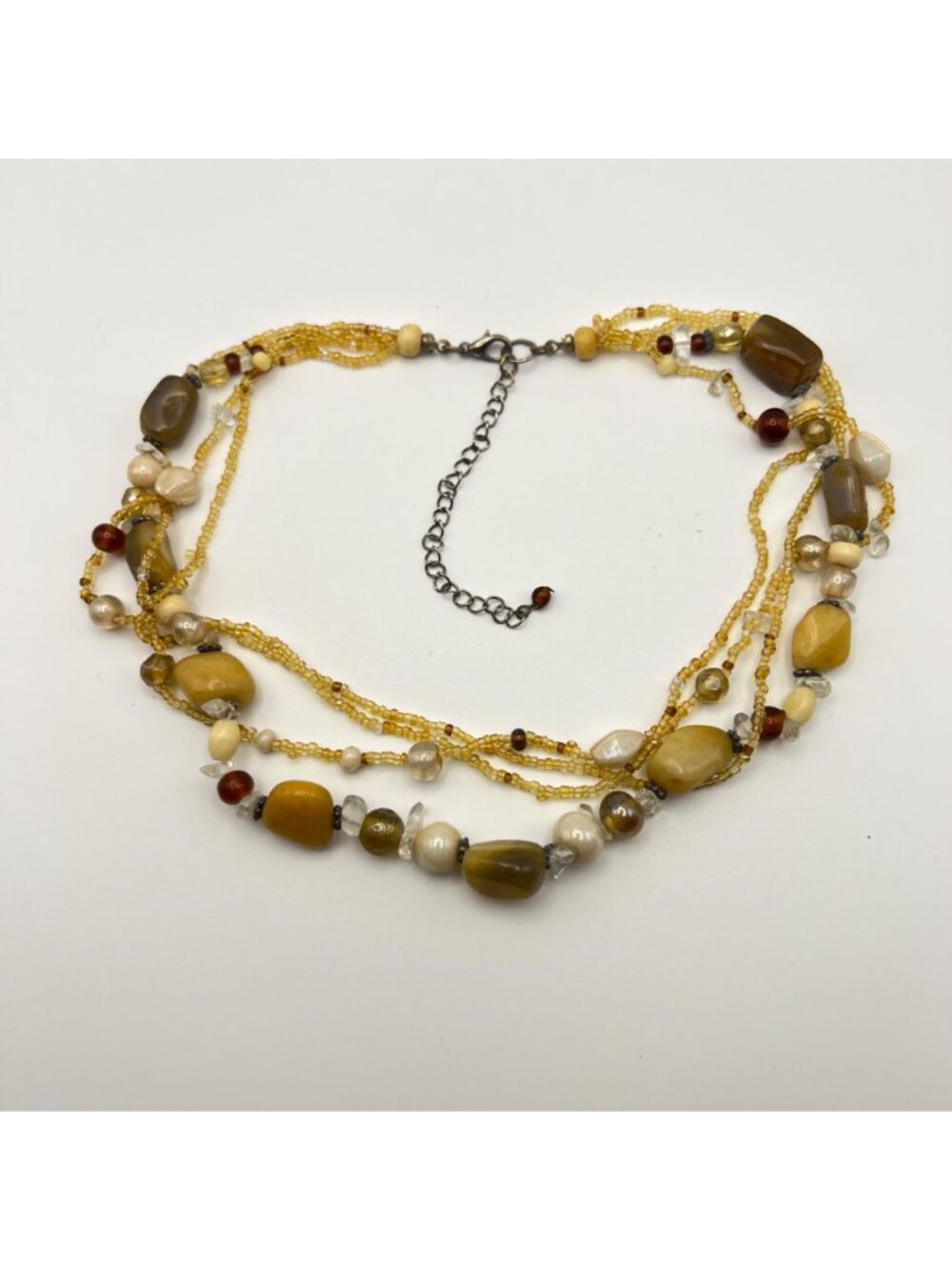 Multi Strand Quartz Glass Bead Necklace  Honey Amber Brown Cream 17-20.25" Boho - Picture 3 of 13
